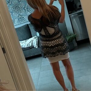 Pilyq Gray Midi Sweater Dress with V-Neck and Dolman Sleeves